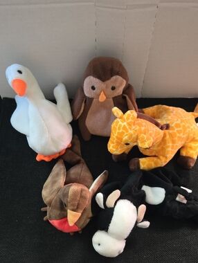 Ty Beanie Babies Animal Lot (5pc – Owl, Giraffe, Orca, Bird & Goose)